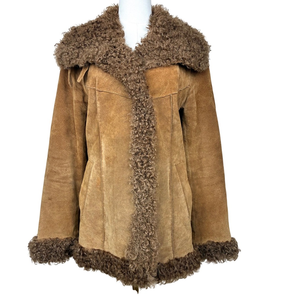 Vintage Womens Coat Sz L Penny Lane Genuine Leather Suede Fur Afghan Brown Boho